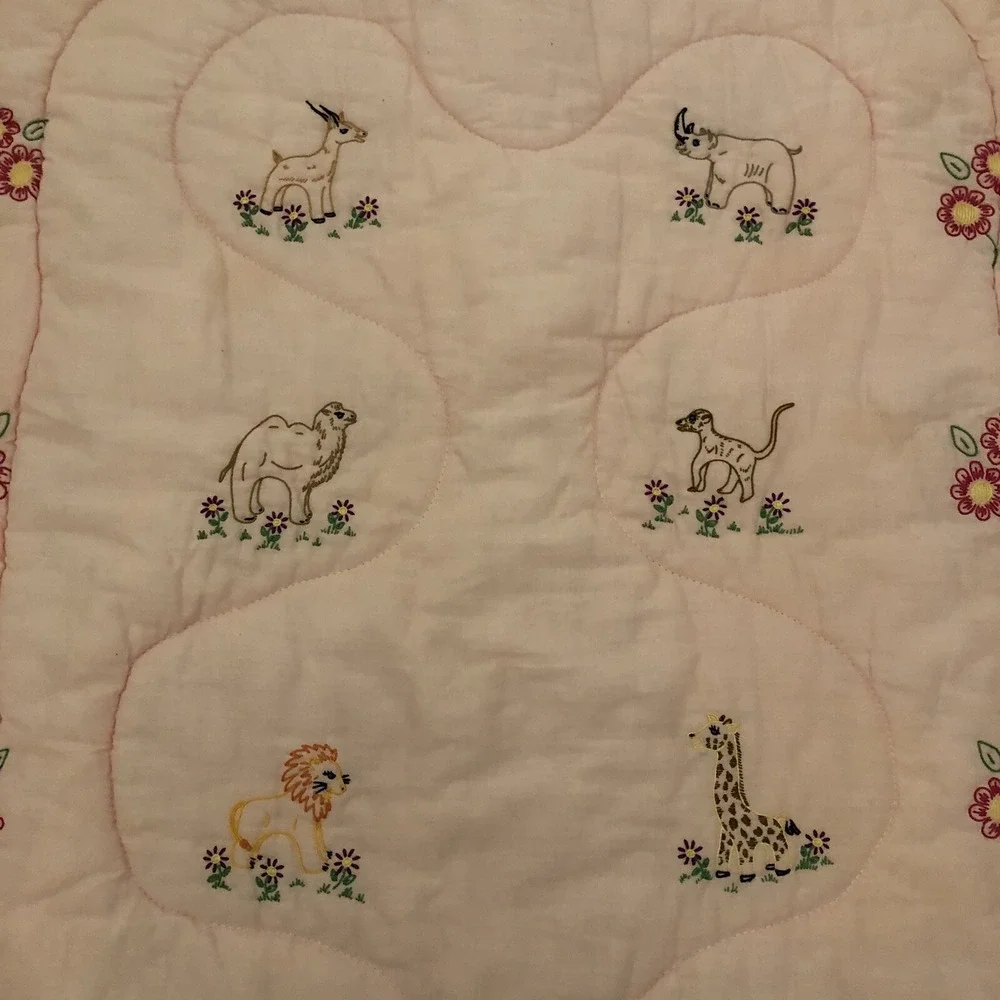Hand Crochet Baby Blanket Comforter Gerber Animals Flowers Pink 30x40 Vintage
